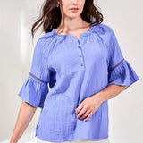 Raglan Sleeve Blouse w/ Tape Detail - Baja Blue Tops Tribal