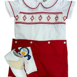 Red & White Smocked Geo Shortall Boys Bubbles + Rompers Three Sisters