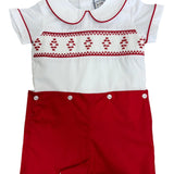 Red & White Smocked Geo Shortall Boys Bubbles + Rompers Three Sisters