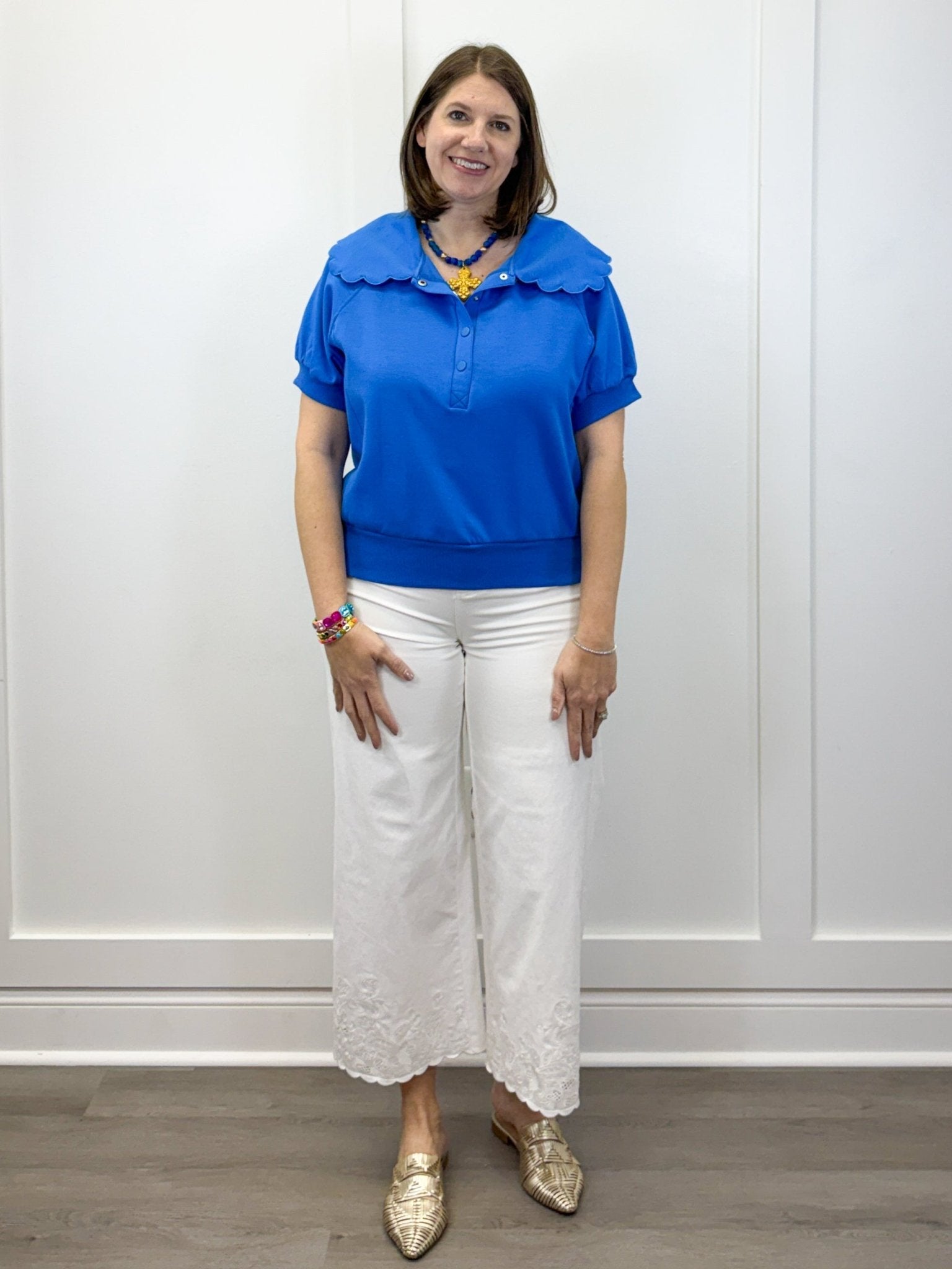 Scallop Popover Polo - Blue Tops Umgee