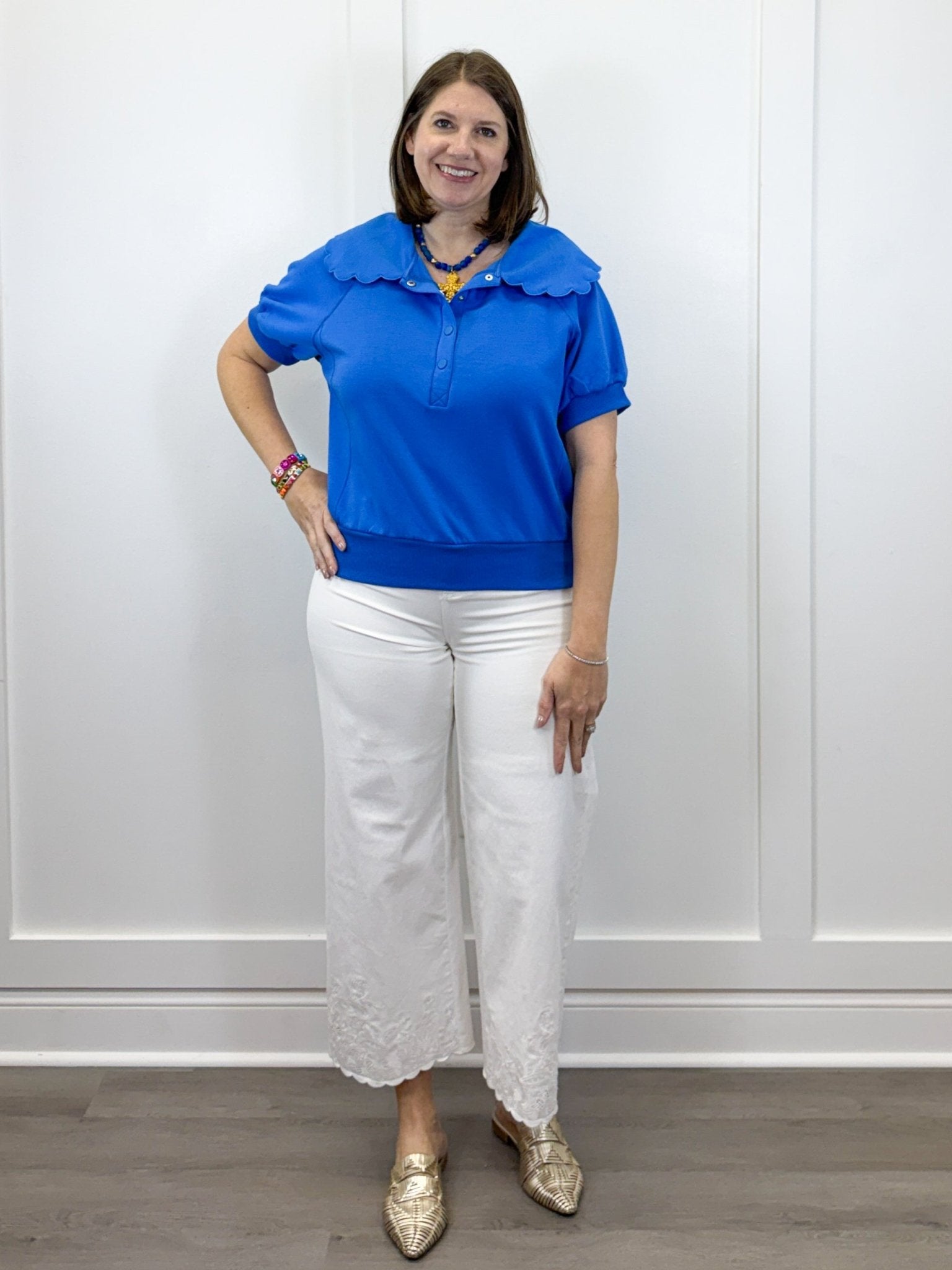 Scallop Popover Polo - Blue Tops Umgee