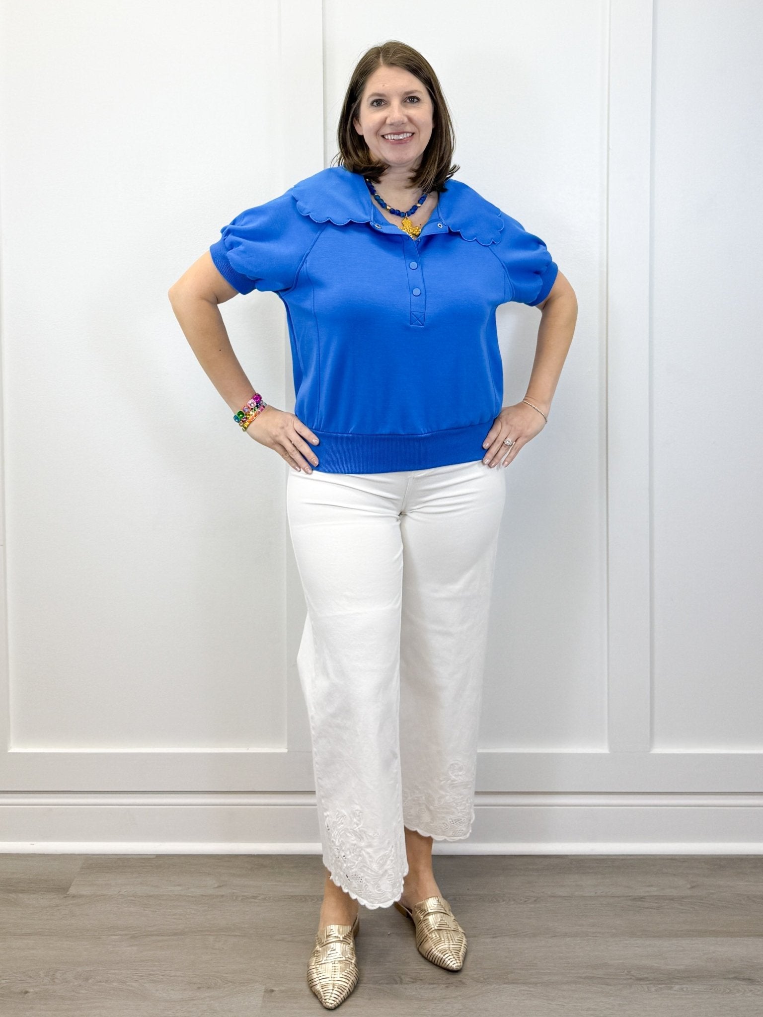 Scallop Popover Polo - Blue Tops Umgee