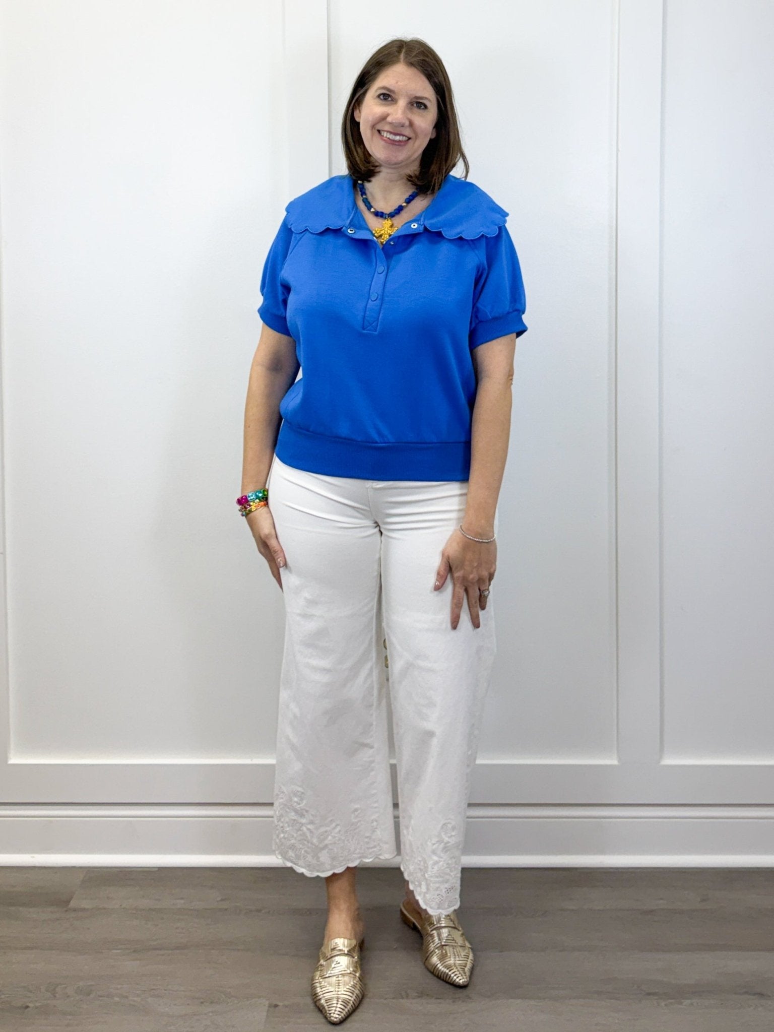 Scallop Popover Polo - Blue Tops Umgee