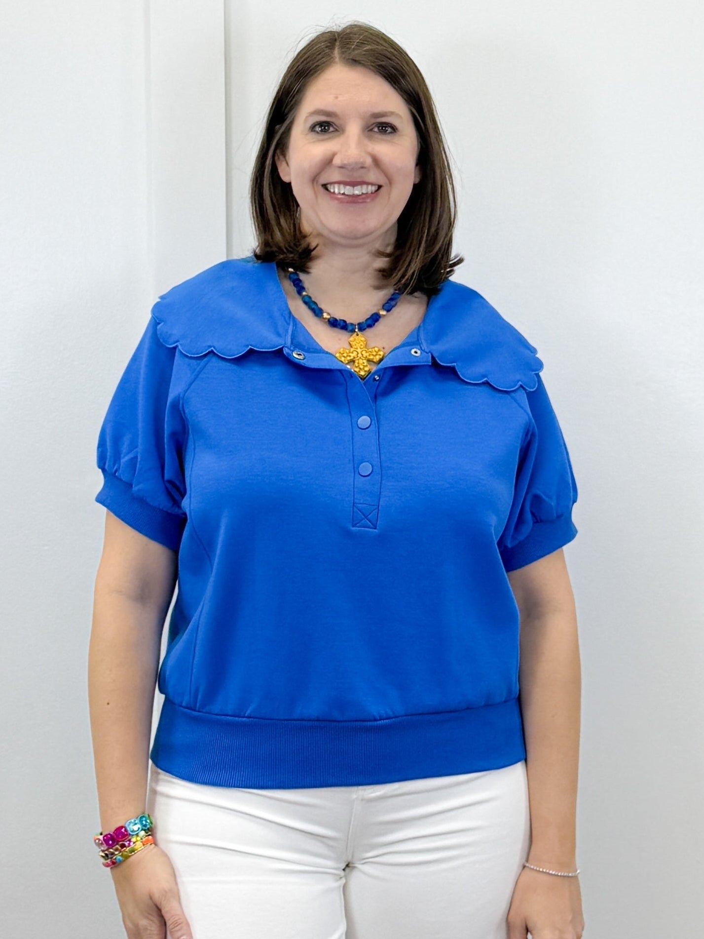 Scallop Popover Polo - Blue Tops Umgee