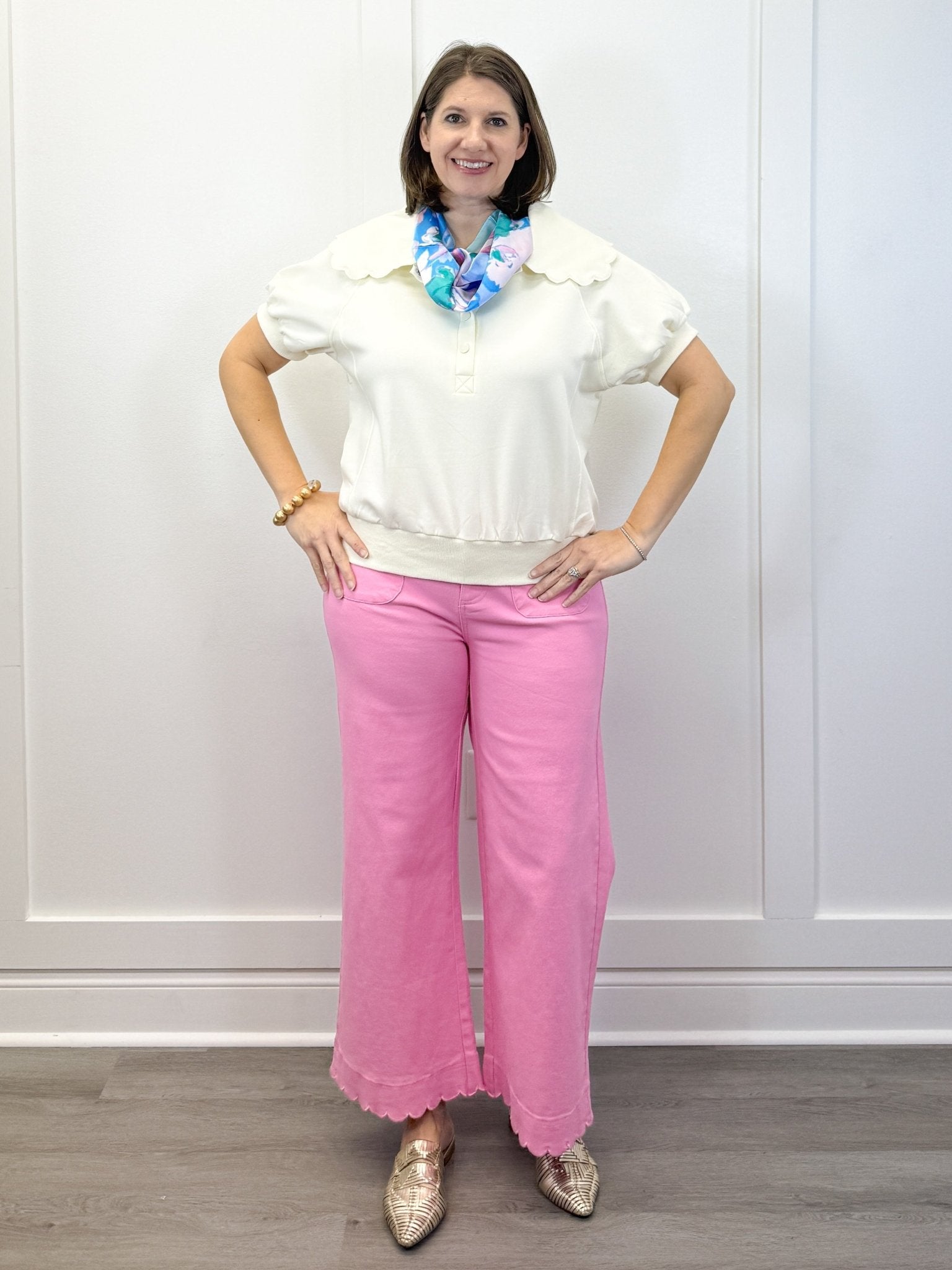 Scallop Popover Polo - Cream Tops Umgee