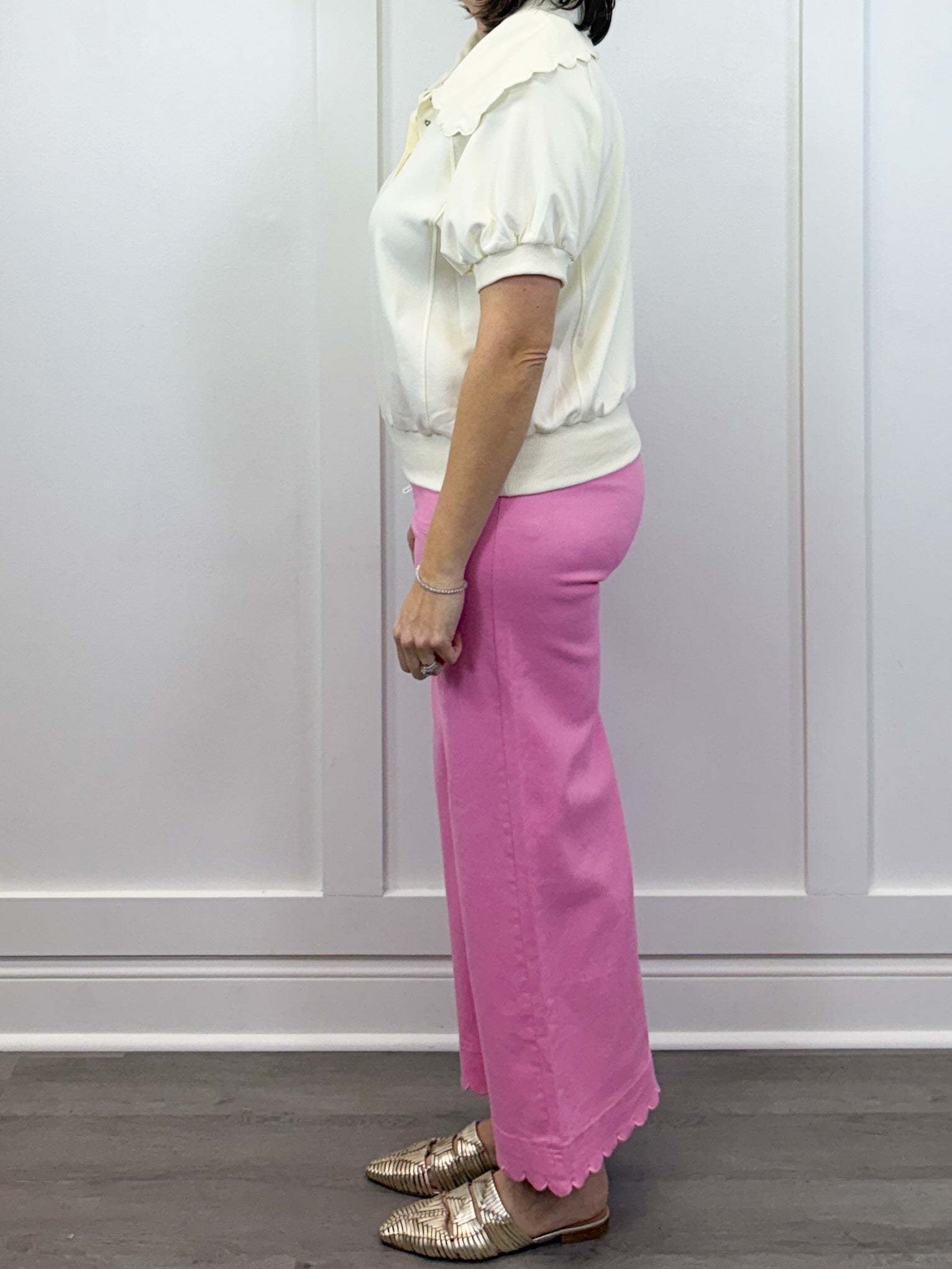 Scallop Popover Polo - Cream Tops Umgee
