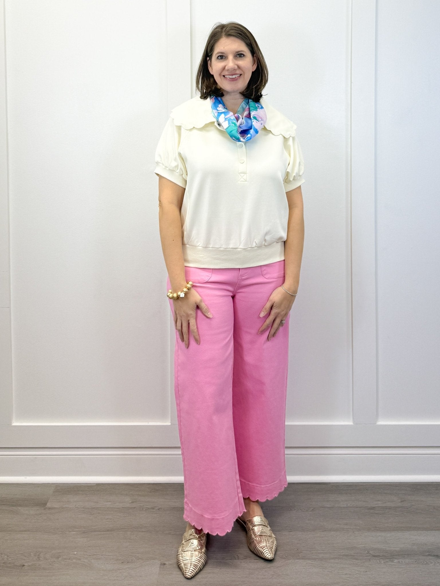 Scallop Popover Polo - Cream Tops Umgee