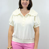 Scallop Popover Polo - Cream Tops Umgee
