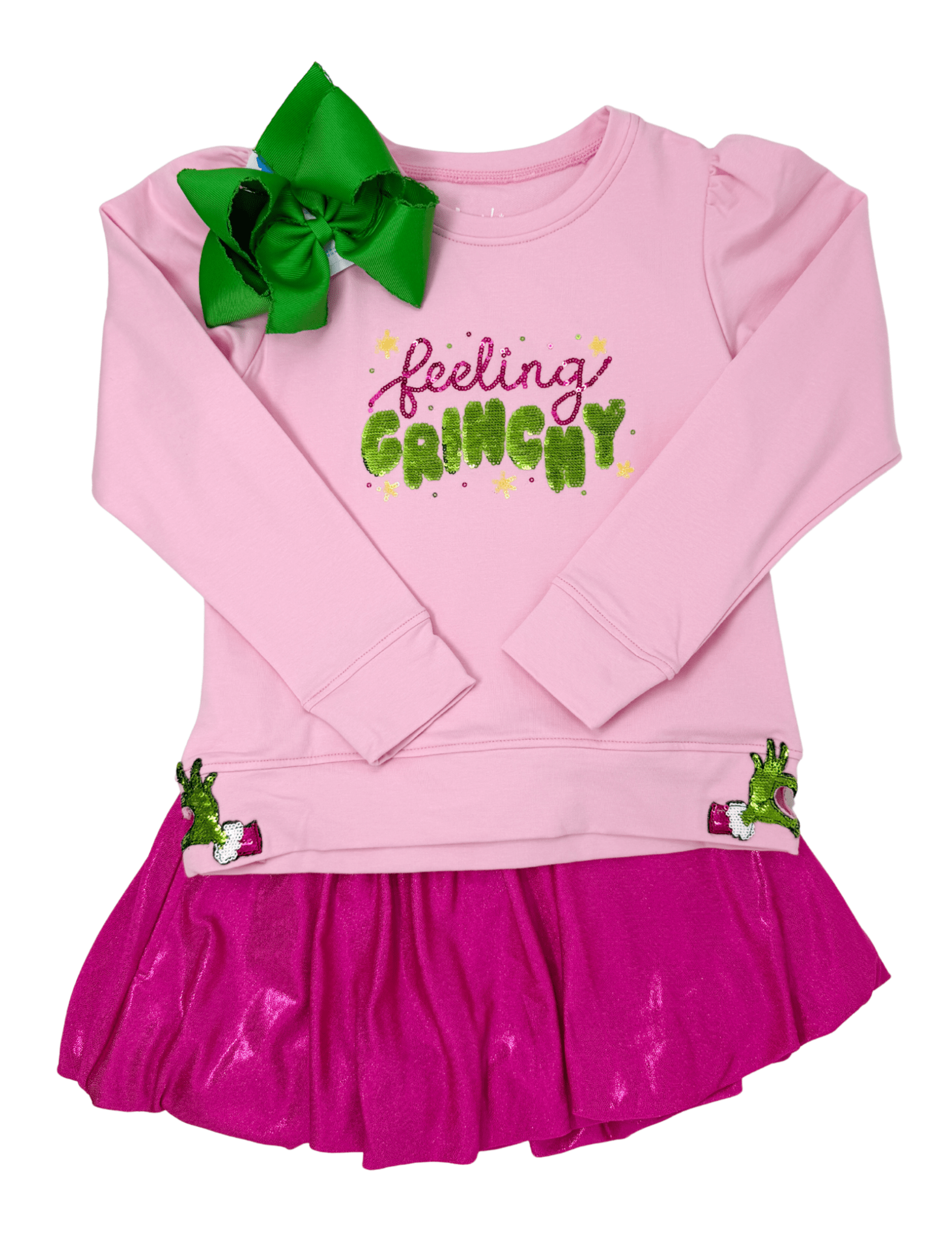 Sequin Feelin Grinchy - Pink Holly Girls Sweaters + Sweatshirts Azarhia