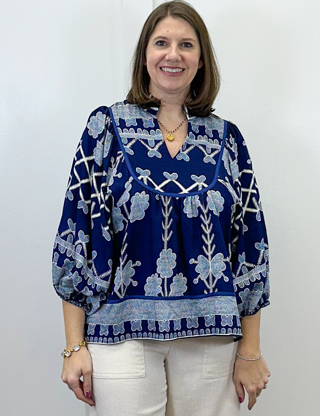 Shadow Vine Embroidered Top - Navy Tops Umgee