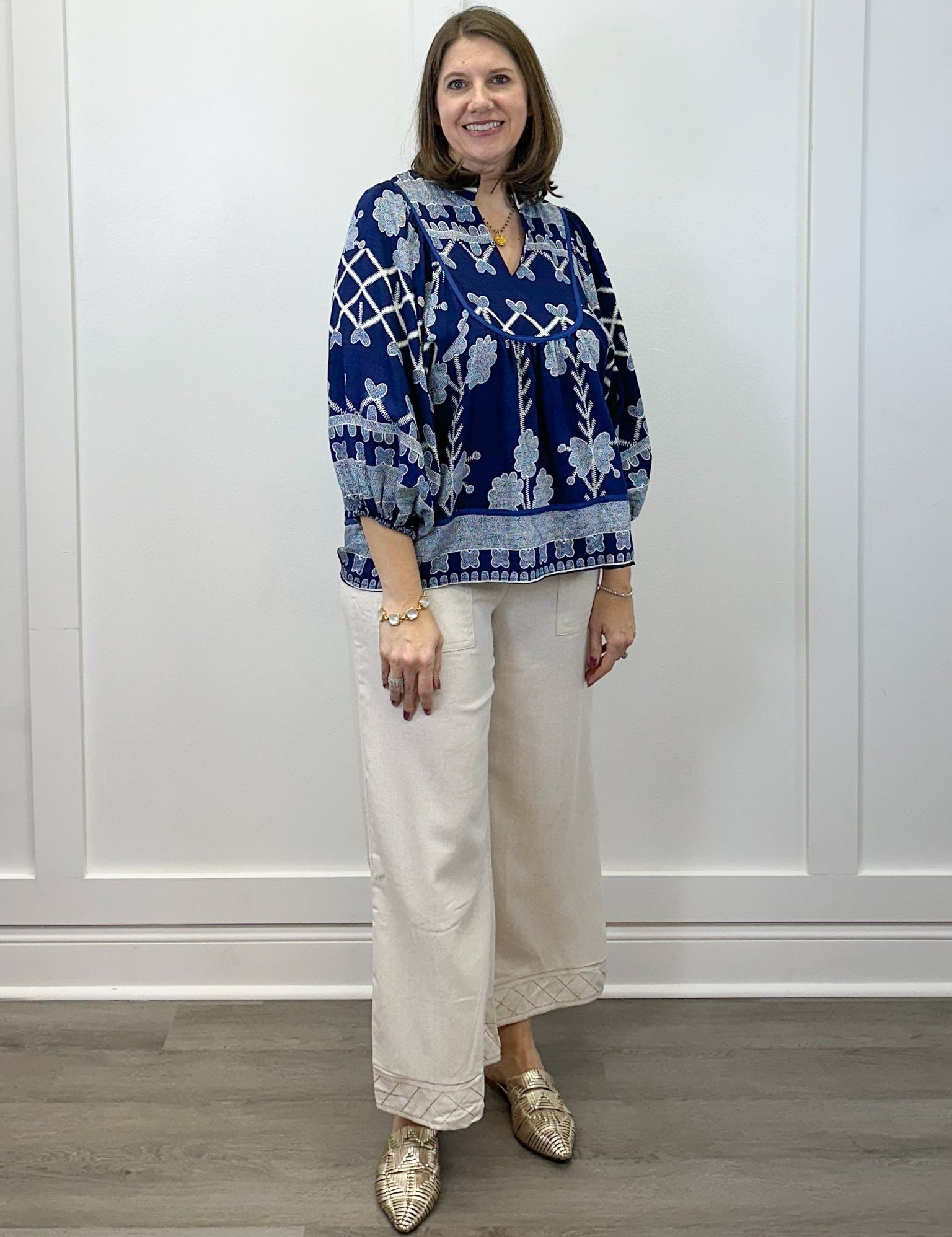 Shadow Vine Embroidered Top - Navy Tops Umgee