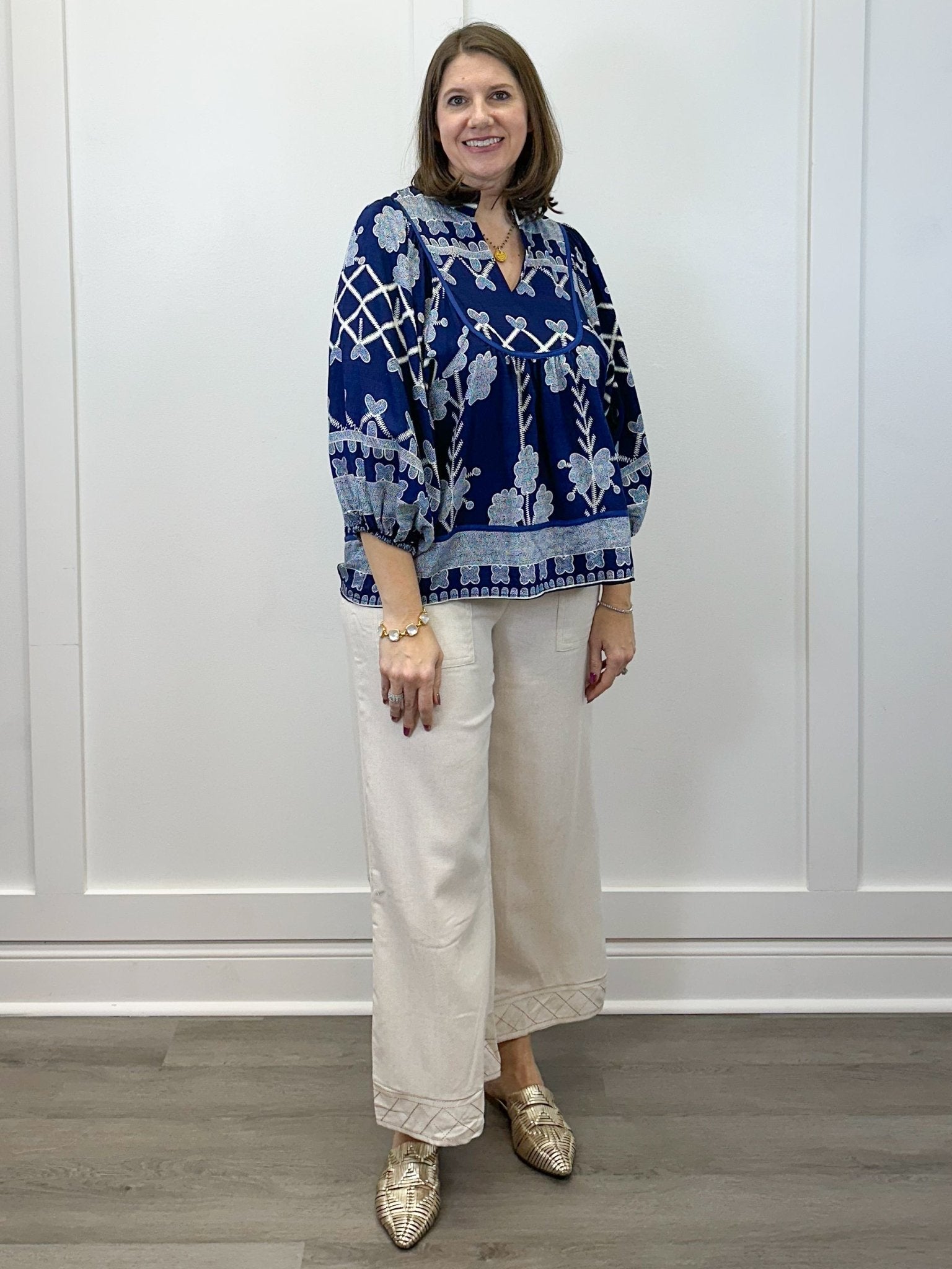 Shadow Vine Embroidered Top - Navy Tops Umgee