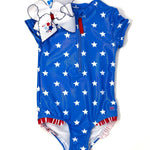 Shimmer Stars & Stripes Girls Short Sleeve Rash Guard One Piece Kids Swim Rufflebutts