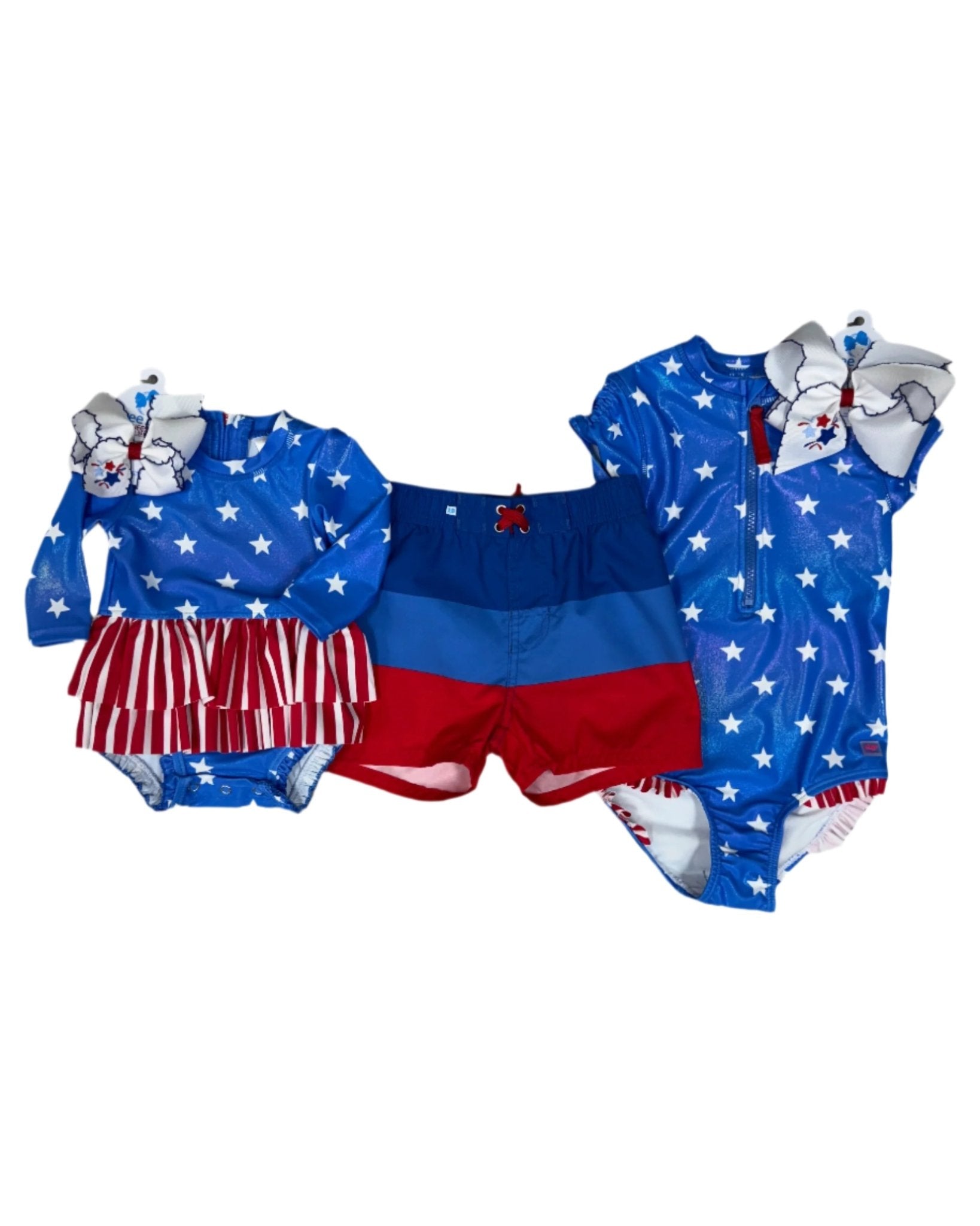 Shimmer Stars & Stripes Long Sleeve Skirted One Piece Rash Guard Kids Swim Rufflebutts