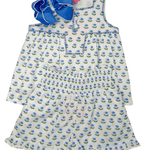 Shirred Ruffle Shorts - Blue Tulip Block Print Girls Shorts Bisby