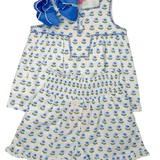 Shirred Ruffle Shorts - Blue Tulip Block Print Girls Shorts Bisby