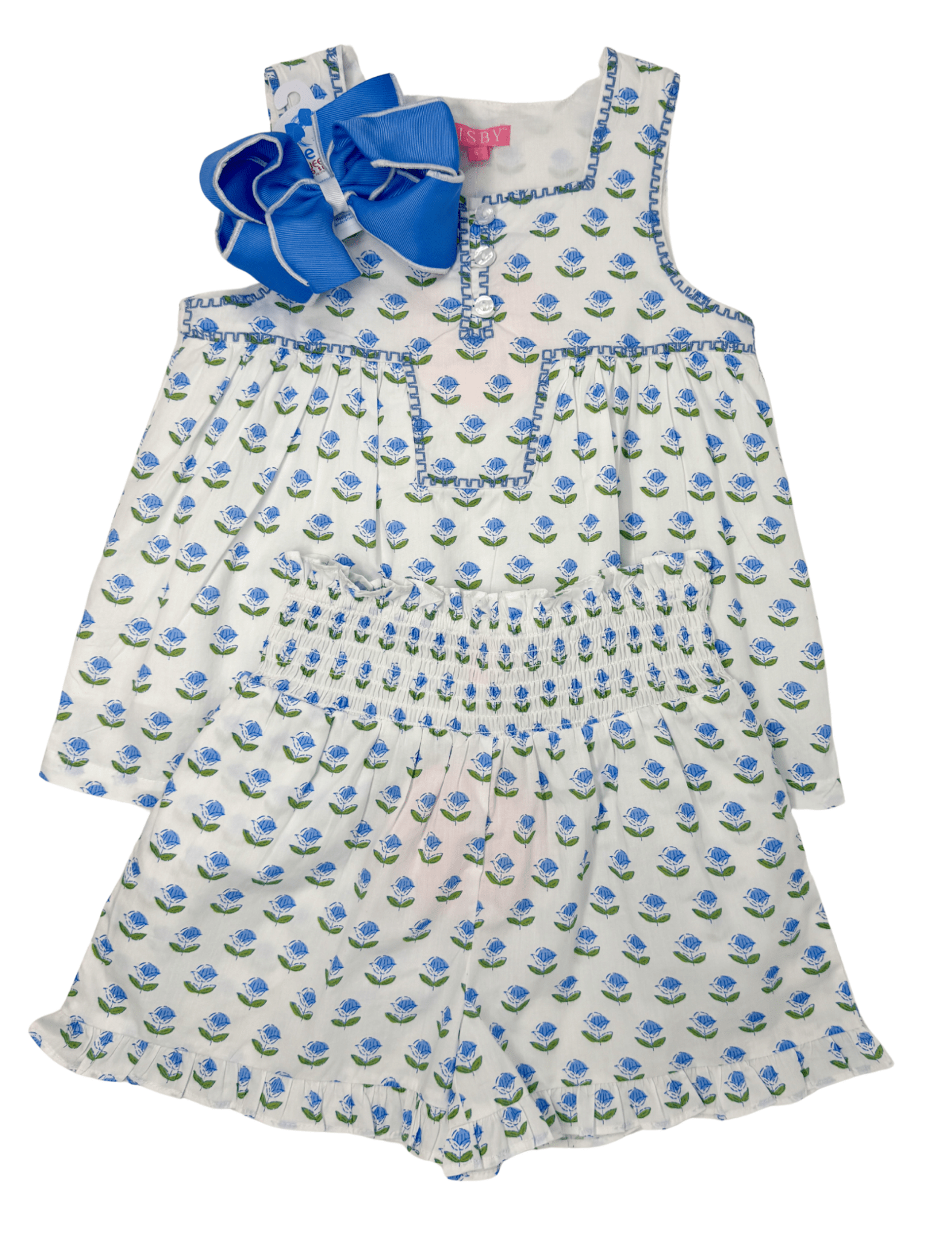 Shirred Ruffle Shorts - Blue Tulip Block Print Girls Shorts Bisby