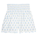 Shirred Ruffle Shorts - Blue Tulip Block Print Girls Shorts Bisby