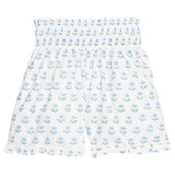 Shirred Ruffle Shorts - Blue Tulip Block Print Girls Shorts Bisby