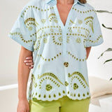 S/S Pop Over Embroidered Blouse - Lt. Aqua Sky Tops Tribal