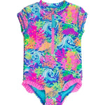 S/S Rash Guard One Piece - Neon Ocean Coral Kids Swim Rufflebutts