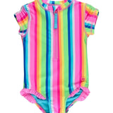 S/S Rash Guard One Piece - Neon Rainbow Stripe Kids Swim Rufflebutts