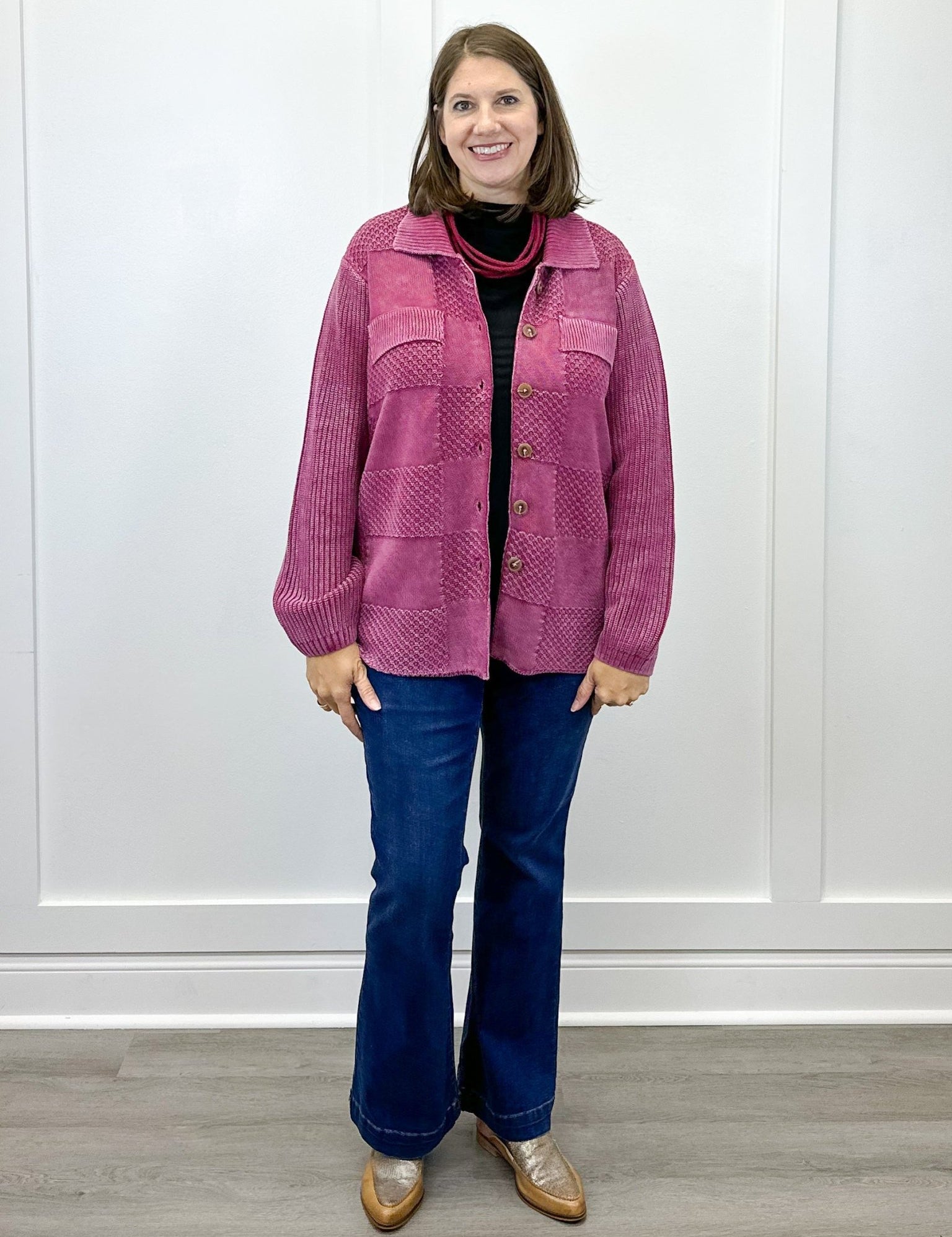 Sweater Shacket w/ Special Wash Effect - Plum Wine Sweaters Tribal