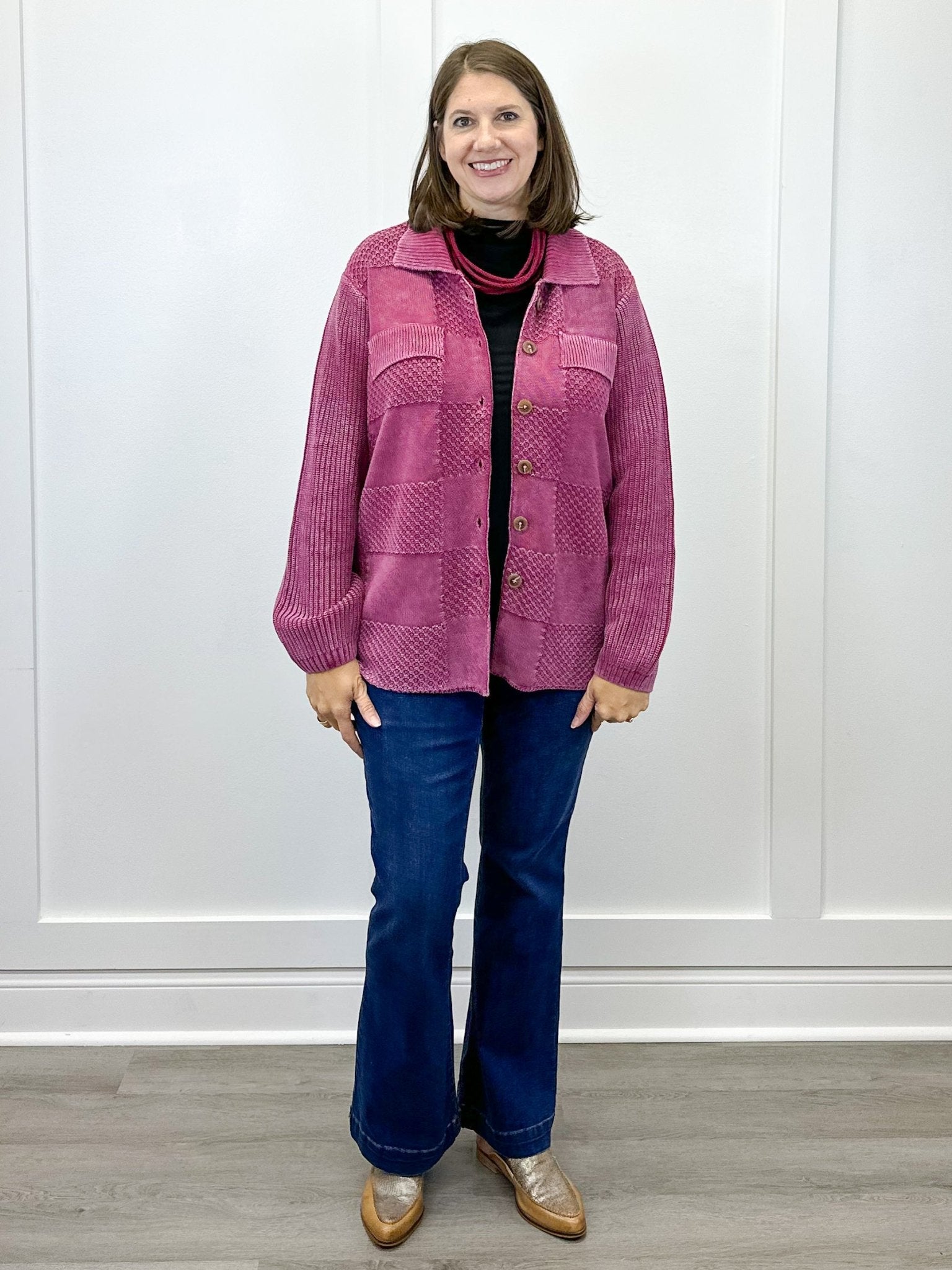 Sweater Shacket w/ Special Wash Effect - Plum Wine