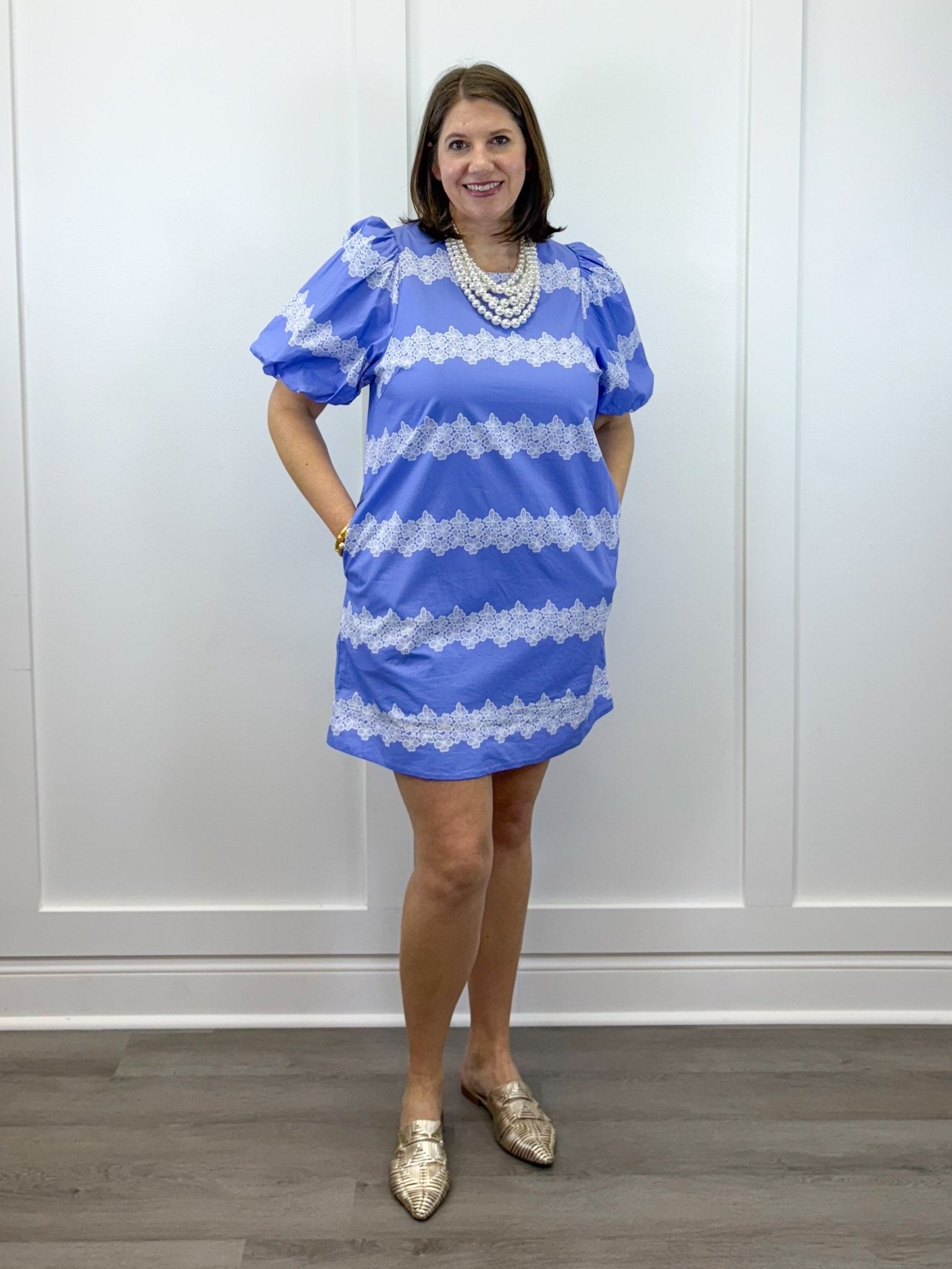 Sweetwater Lace Striped Dress - Blue Short Dresses Entro