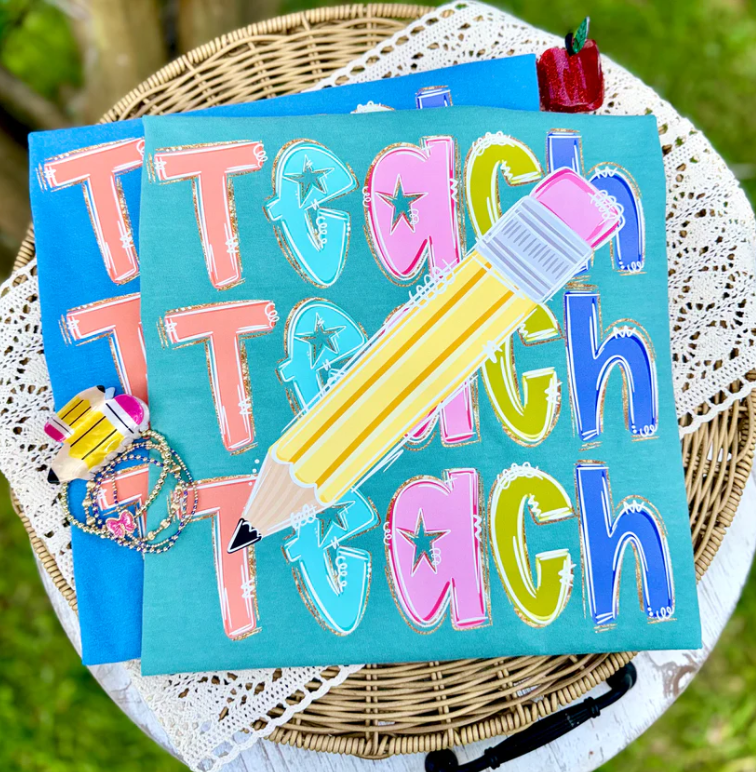 Teach Pencil Teacher Shirt : Flo Blue - Sugar Babies Children's Boutique/Meg's Shoppe