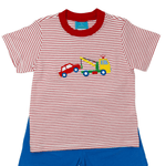 Tow Truck Knit T-Shirt - Red Stripe Boys Tees Claire & Charlie