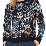 L/S Crewneck Dropped Shoulder Jacquard Sweater - Blue Multi Ikat Sweaters Liverpool