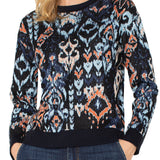 L/S Crewneck Dropped Shoulder Jacquard Sweater - Blue Multi Ikat Sweaters Liverpool