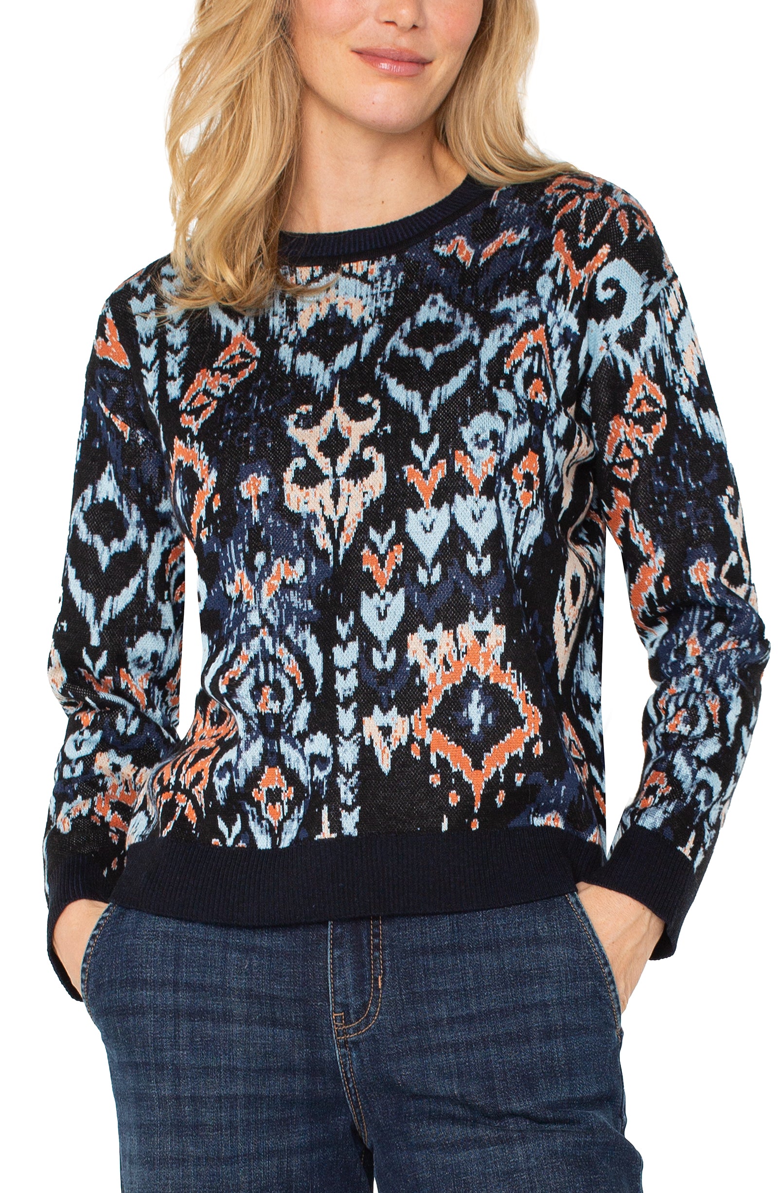 L/S Crewneck Dropped Shoulder Jacquard Sweater - Blue Multi Ikat Sweaters Liverpool