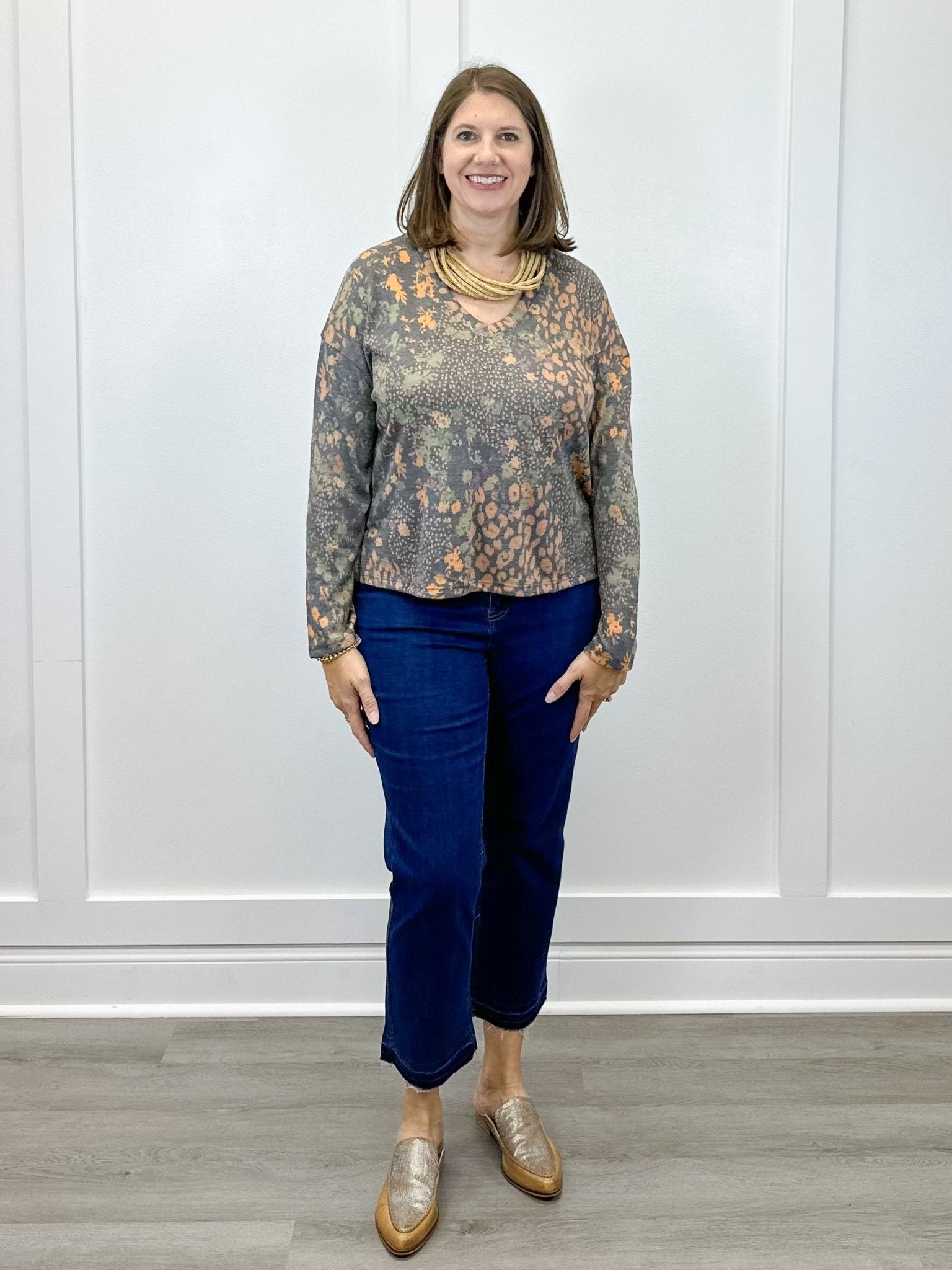 V-Neck Knit Top w/ Side Slits - Turmeric