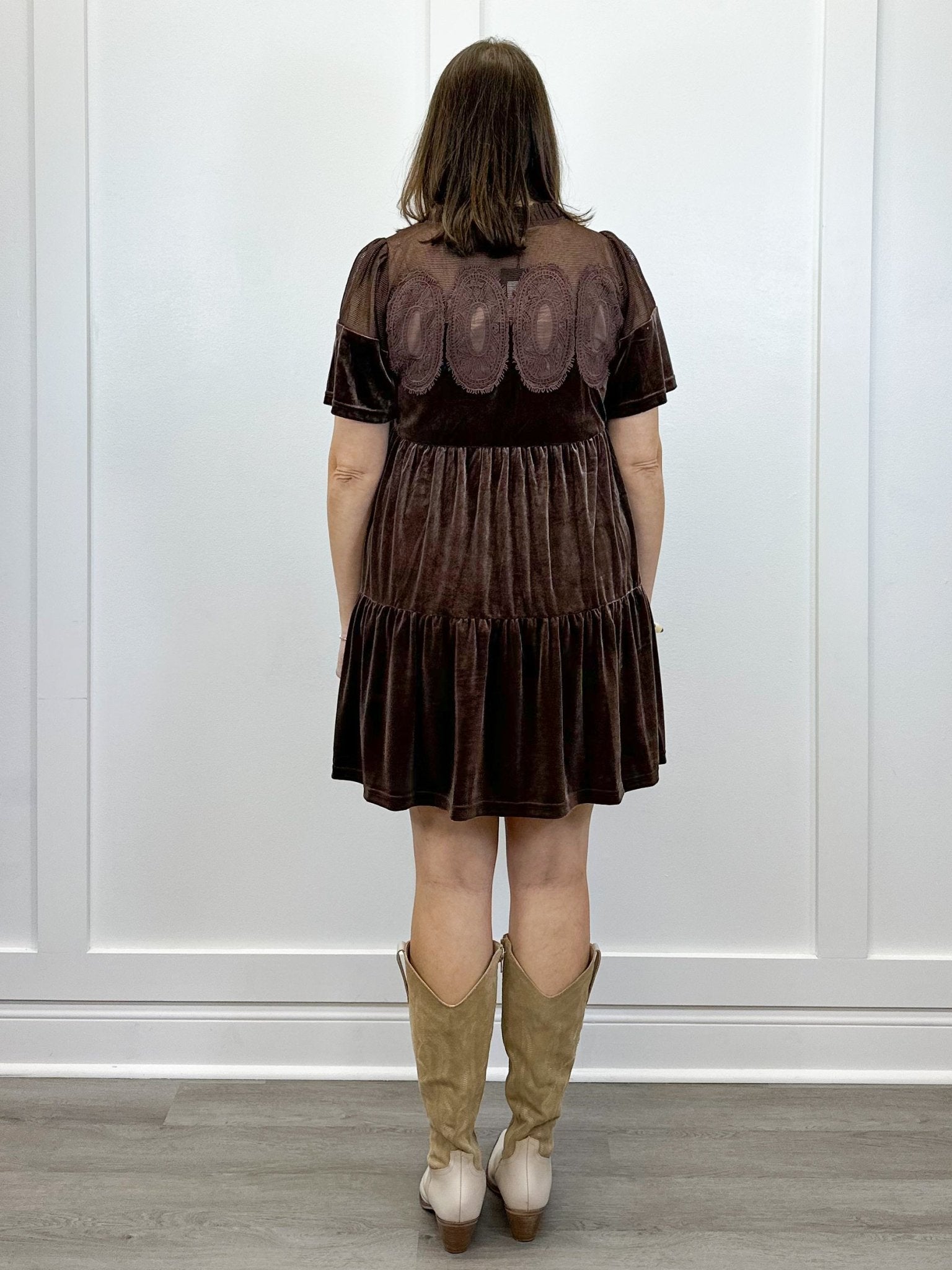 Velvet & Lace Dress - Chocolate Brown Short Dresses FATE