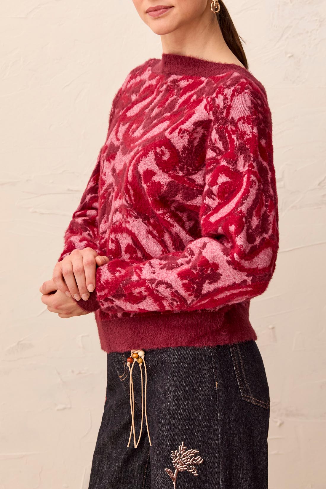 Wear 2 Ways Jacquard Sweater Cardigan - Pink Frost Sweaters Tribal