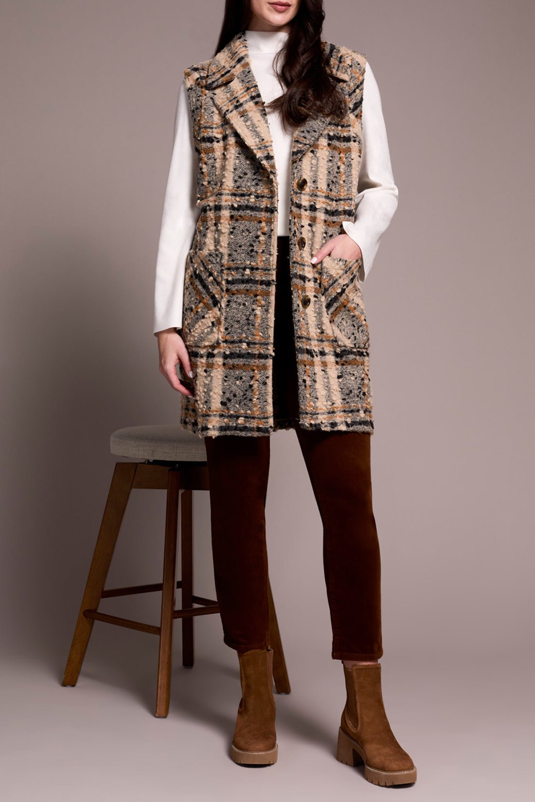 Wide Notch Collar Button Front Vest - Sandstone Tops Tribal