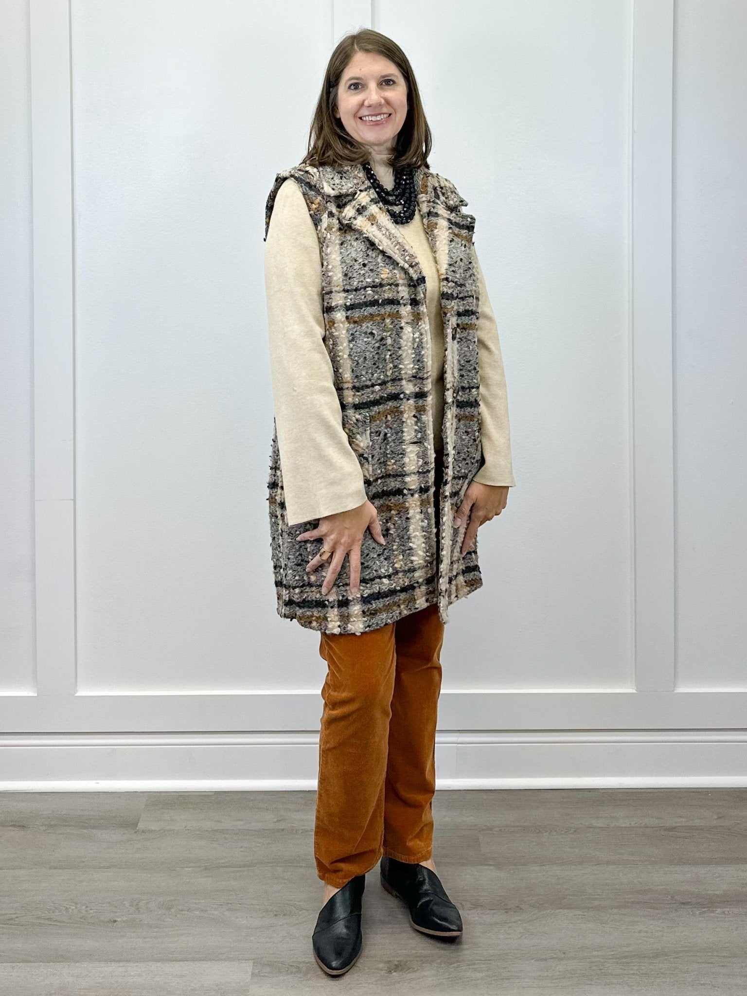 Wide Notch Collar Button Front Vest - Sandstone Tops Tribal