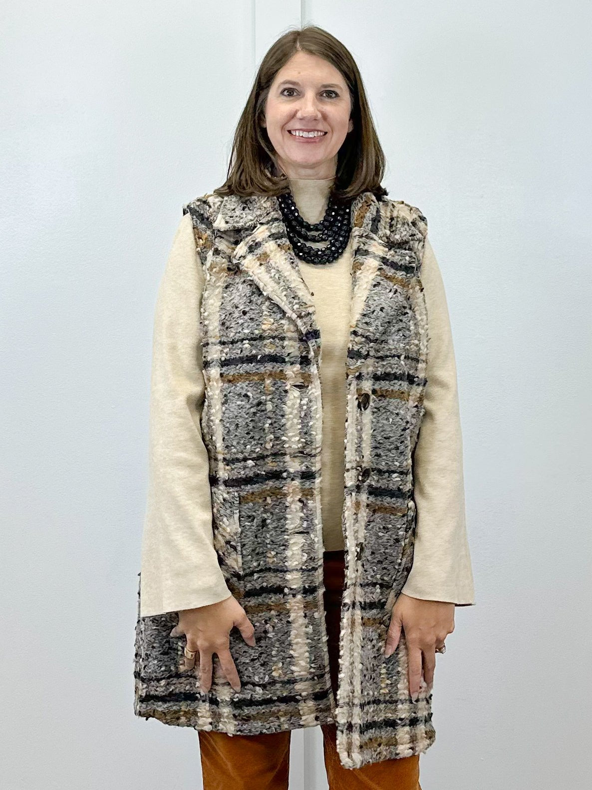 Wide Notch Collar Button Front Vest - Sandstone