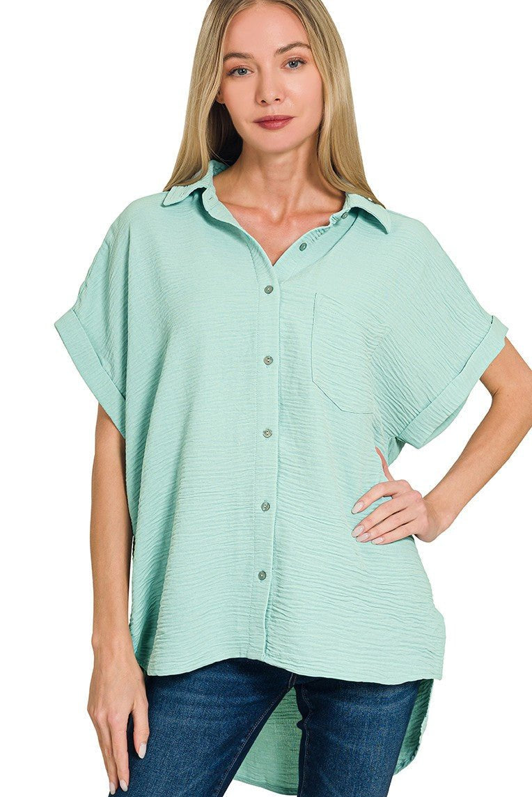 Woven Airflow Button Down Shirt - Sea Angel Tops Zenana