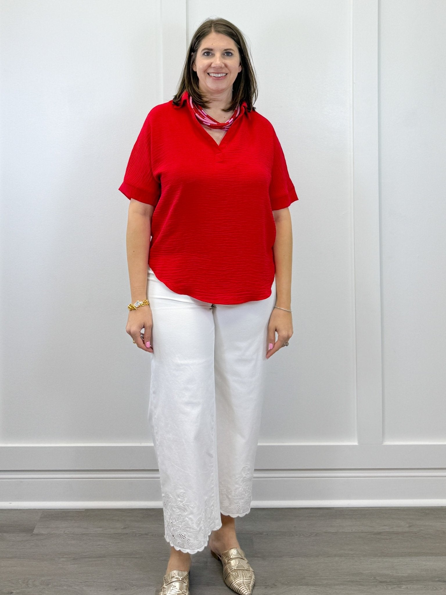 Woven Airflow Collared Top - Ruby Tops Zenana