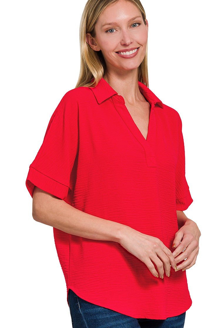 Woven Airflow Collared Top - Ruby Tops Zenana