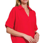 Woven Airflow Collared Top - Ruby Tops Zenana