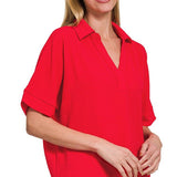 Woven Airflow Collared Top - Ruby Tops Zenana