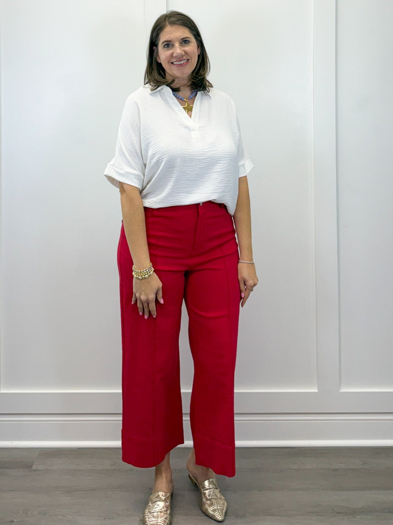 Woven Airflow Collared Top - White Tops Zenana
