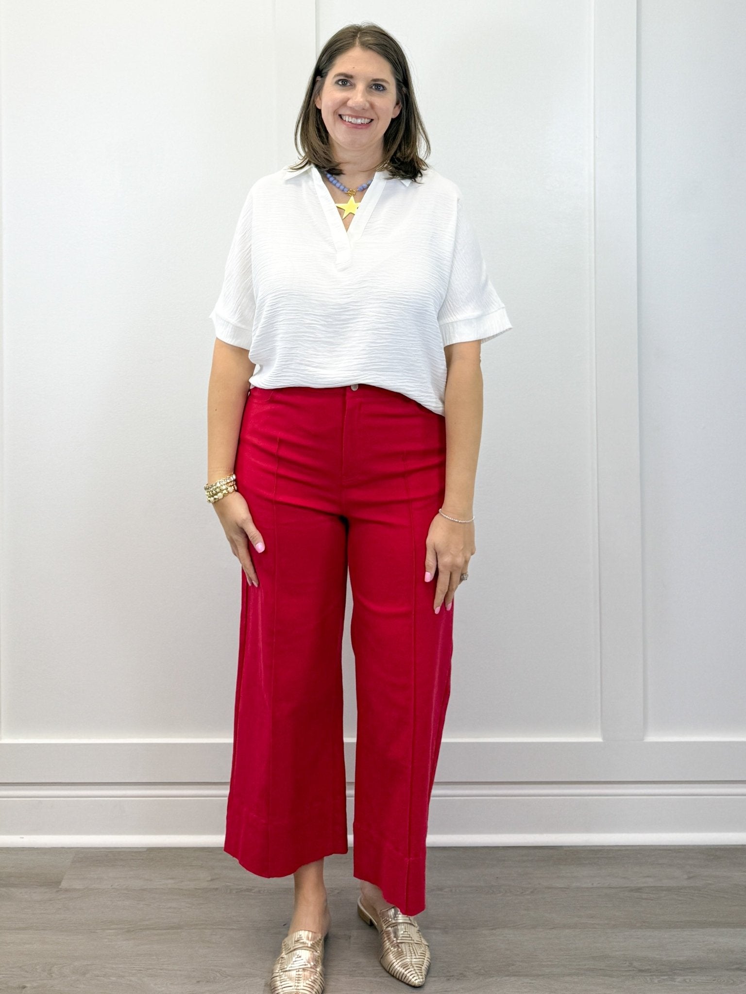 Woven Airflow Collared Top - White Tops Zenana