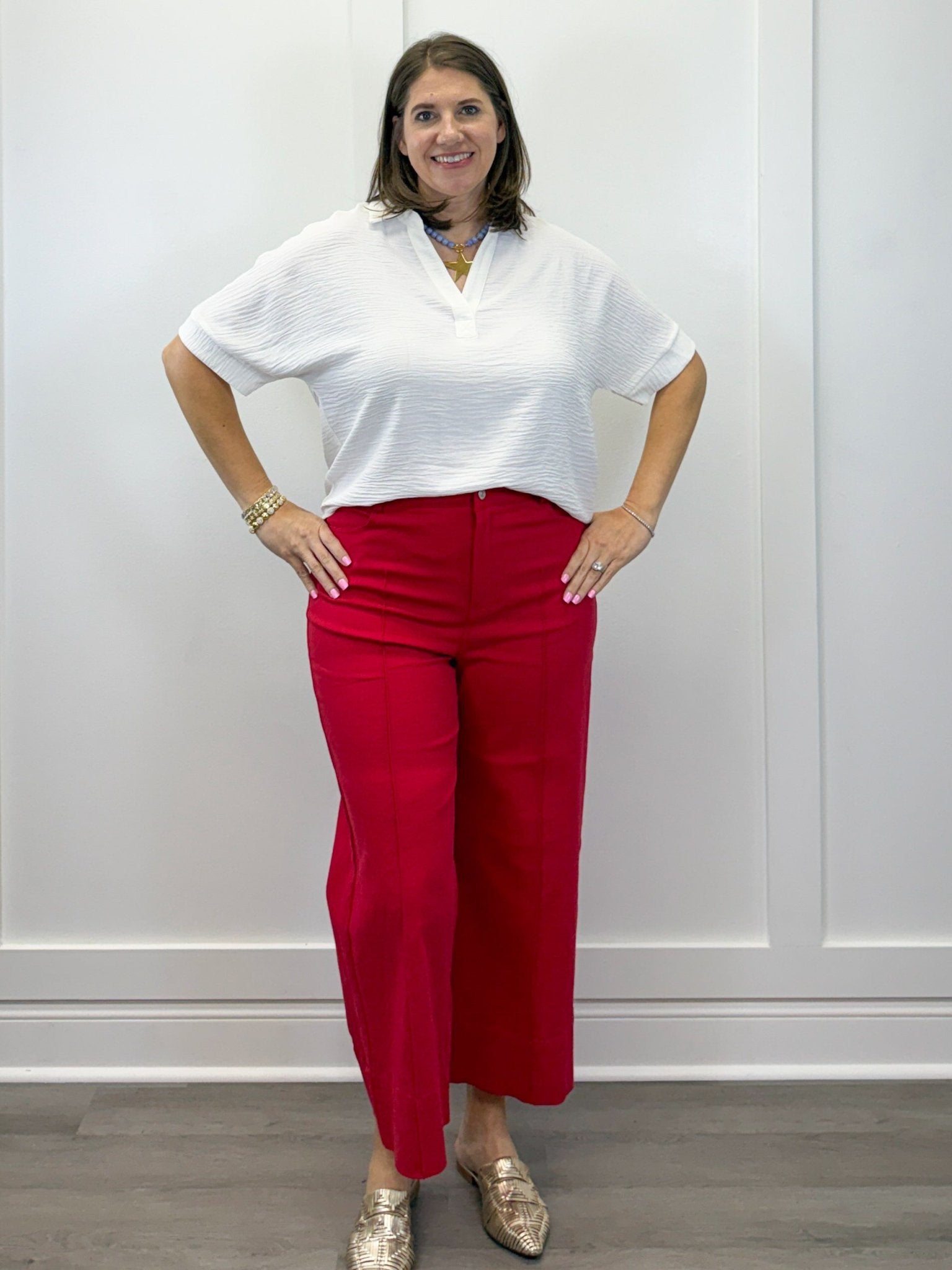 Woven Airflow Collared Top - White Tops Zenana