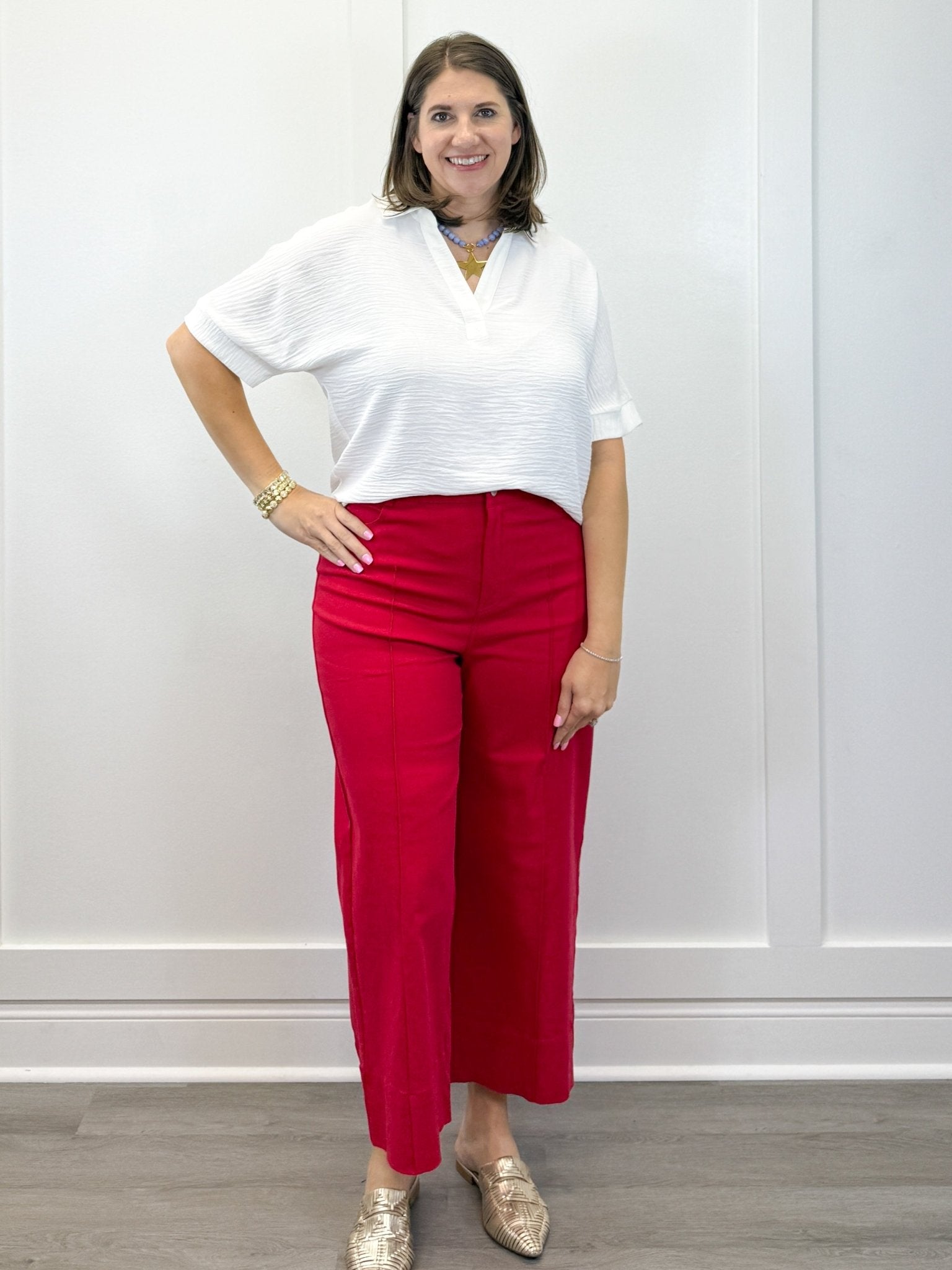 Woven Airflow Collared Top - White Tops Zenana