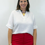 Woven Airflow Collared Top - White Tops Zenana